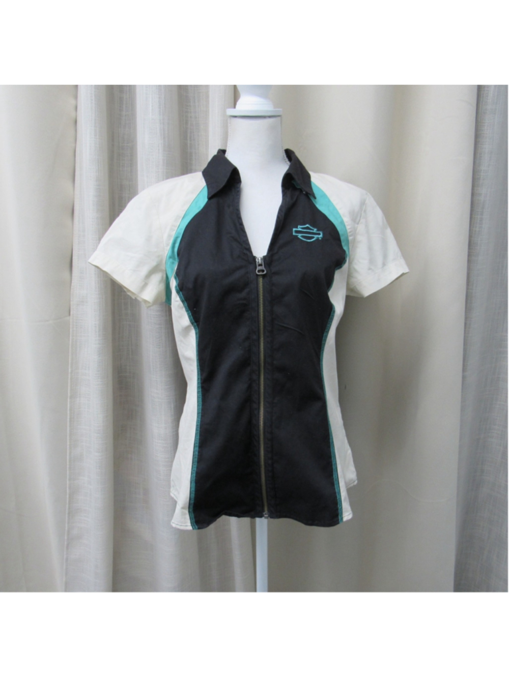 Harley Davidson Vintage Womens M Colorblock Zip Up Garage Work Shirt Turquoise